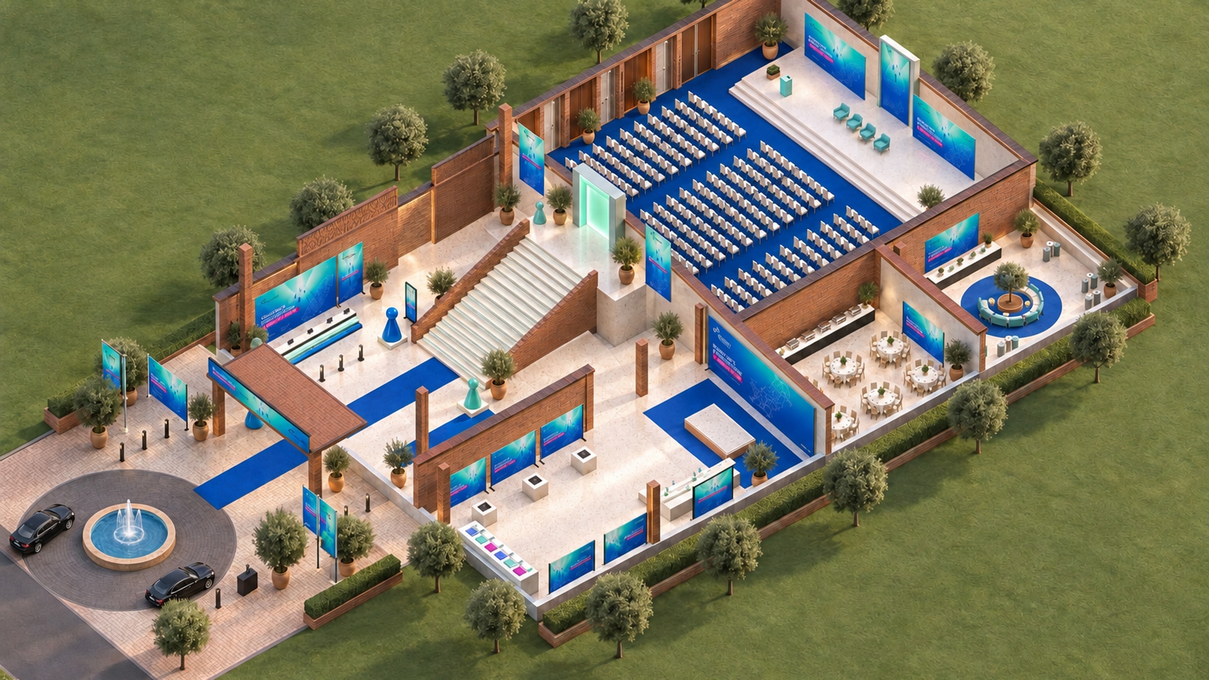The whole venue seen from above with the roof removed: the entrance and drop-off, the atrium and its staircase, a ballroom set with rows of chairs facing a stage, an exhibition room, a dining room and a lounge, all in brick with blue carpets