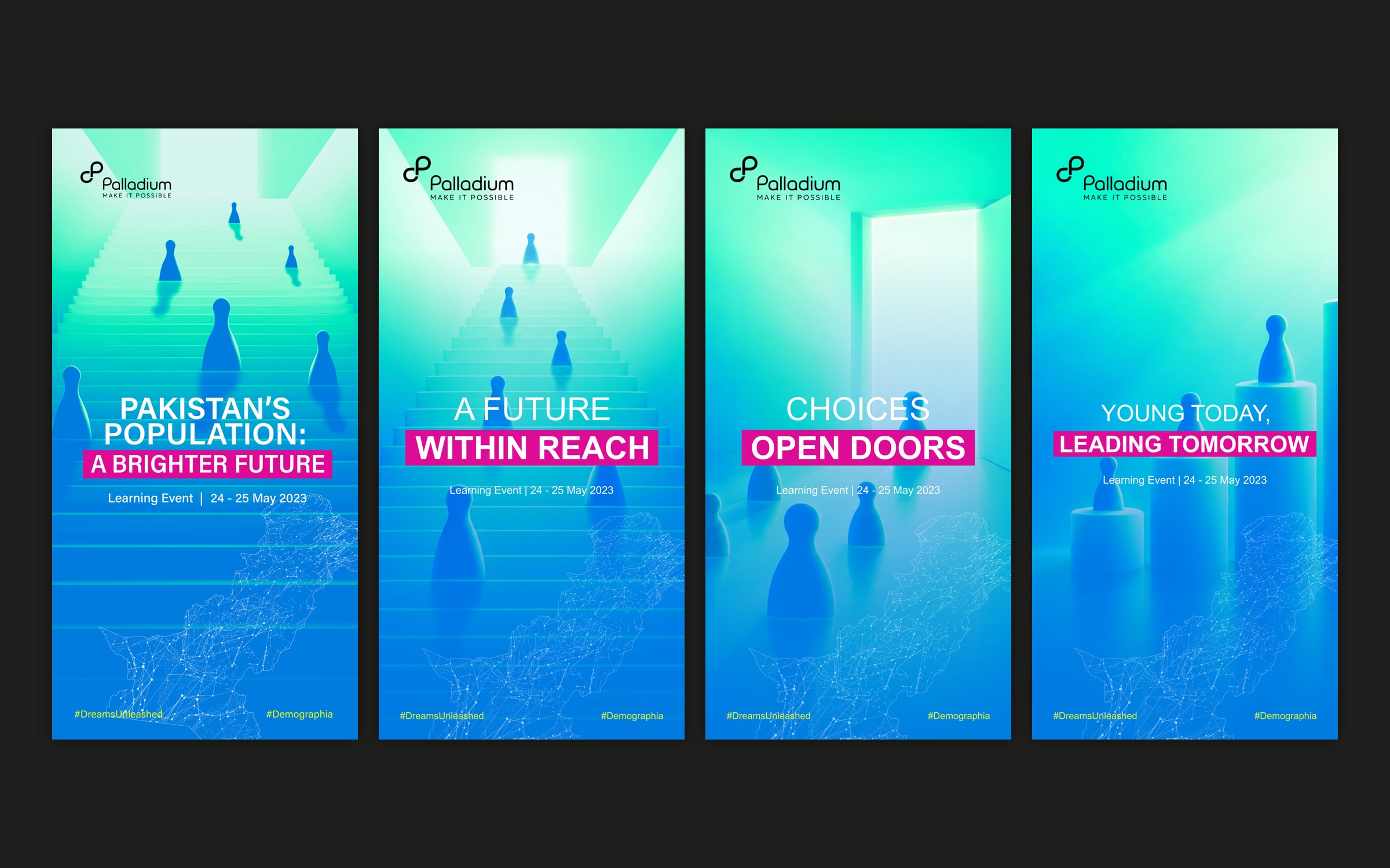Four tall banners on a dark plate: the vertical key visual and three message banners in the same teal to blue gradient