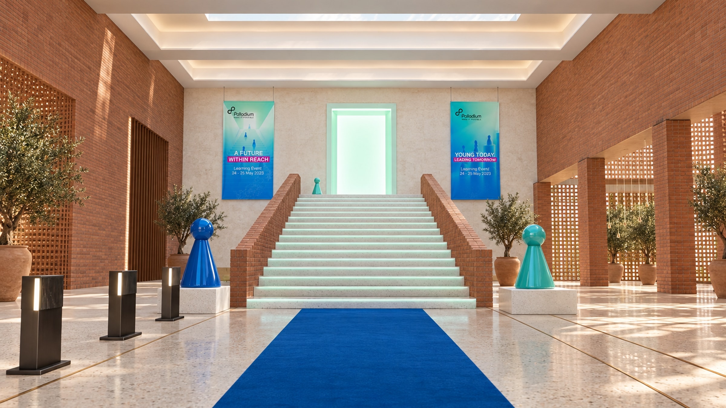 A tall brick atrium with a broad pale staircase rising to a doorway that glows mint white, a blue pawn sculpture and a teal one on plinths either side of the stair, two banners hung beside the door, a blue carpet leading in