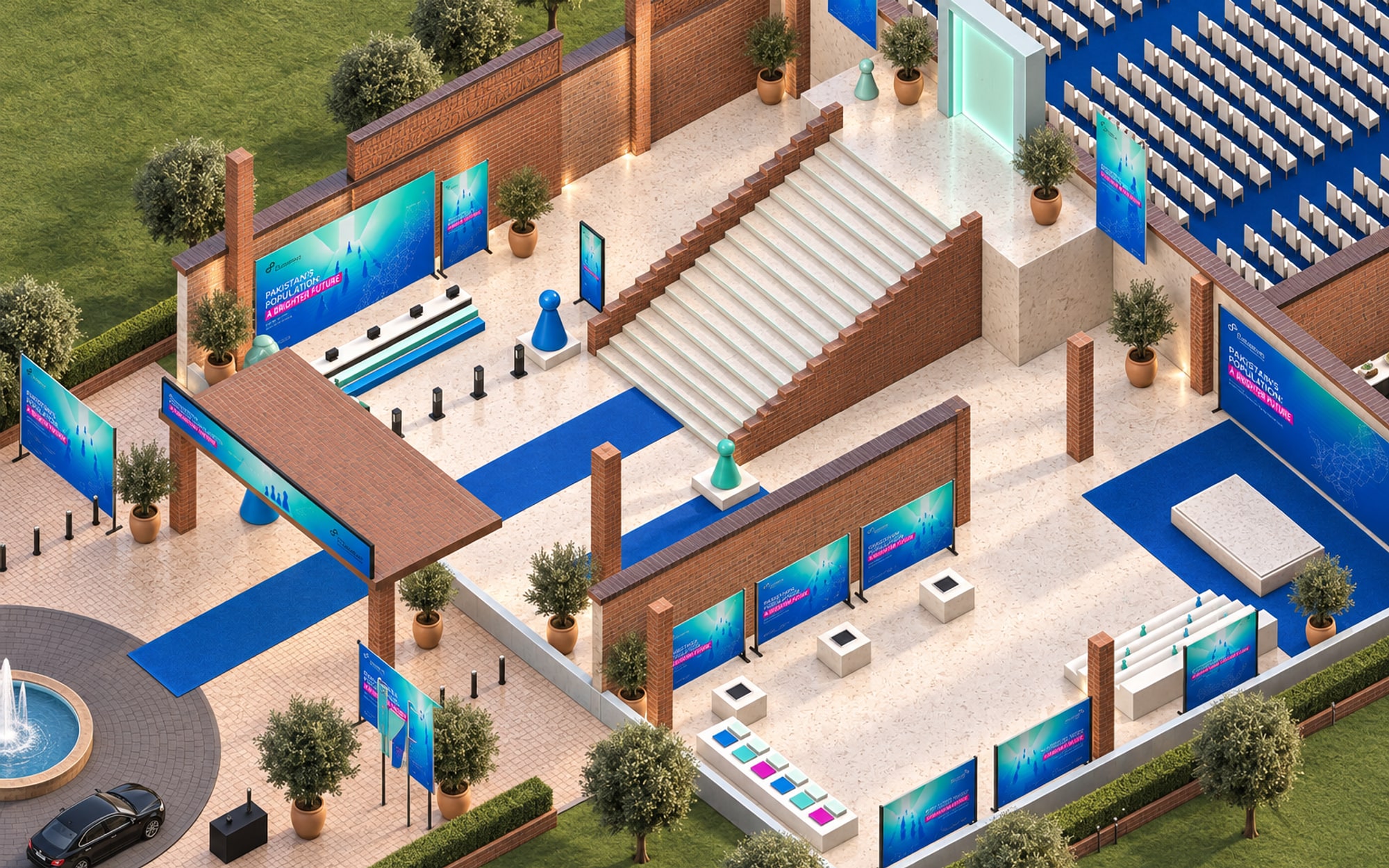 A close view from above of the entrance, the atrium with its staircase, the registration desk and the media wall, roof removed