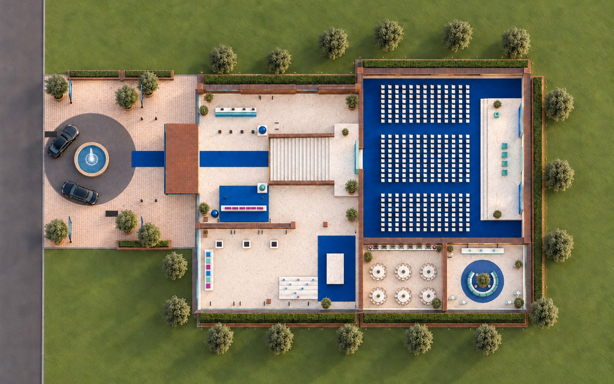A plan of the venue seen from directly above with the roof removed: one blue carpet from the drop-off through the atrium and up the stair to the ballroom, the other rooms to the south
