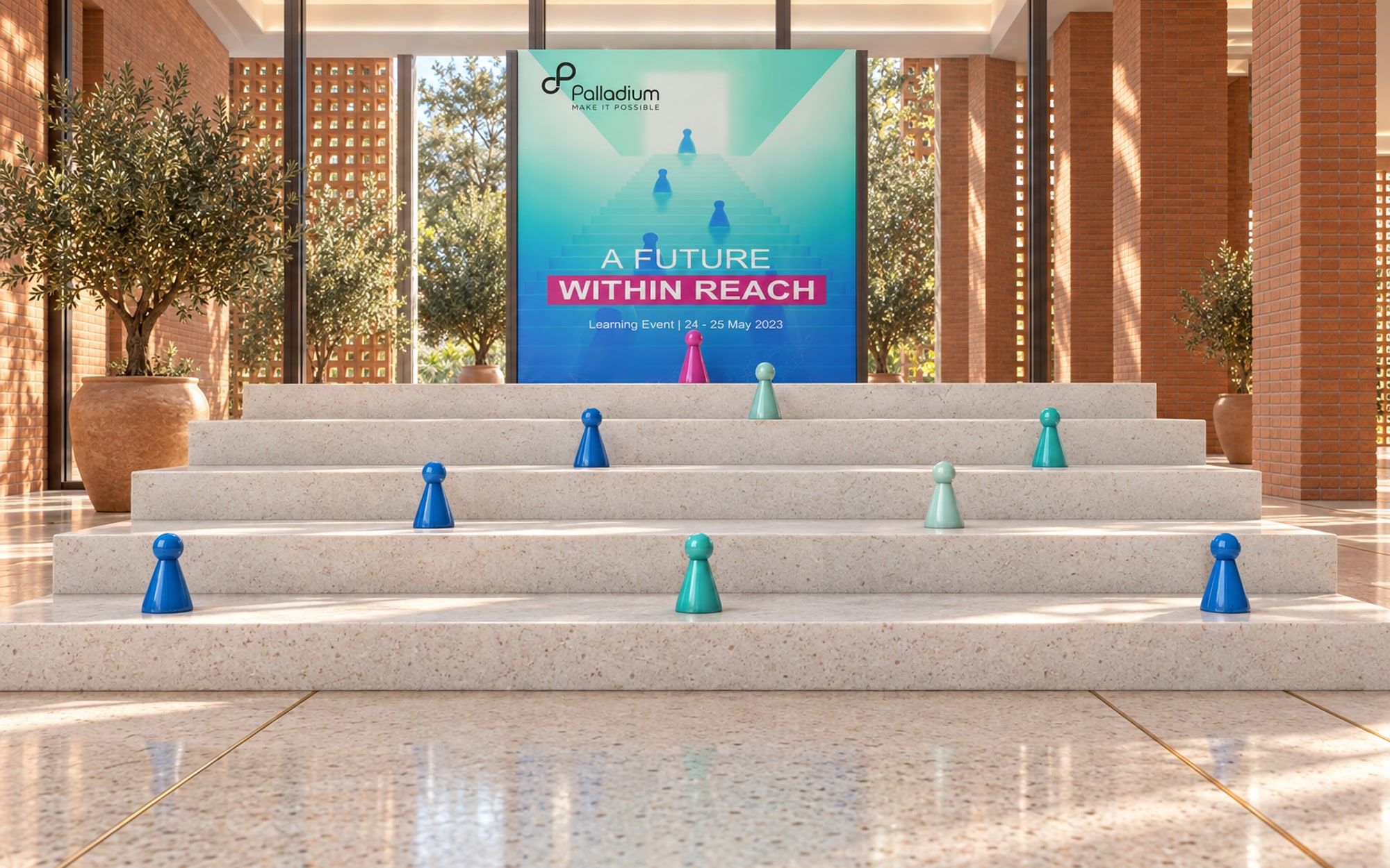 A white flight of five wide steps with small pawns in blue, teal and mint standing on the treads and one magenta pawn at the top, a banner on a frame behind