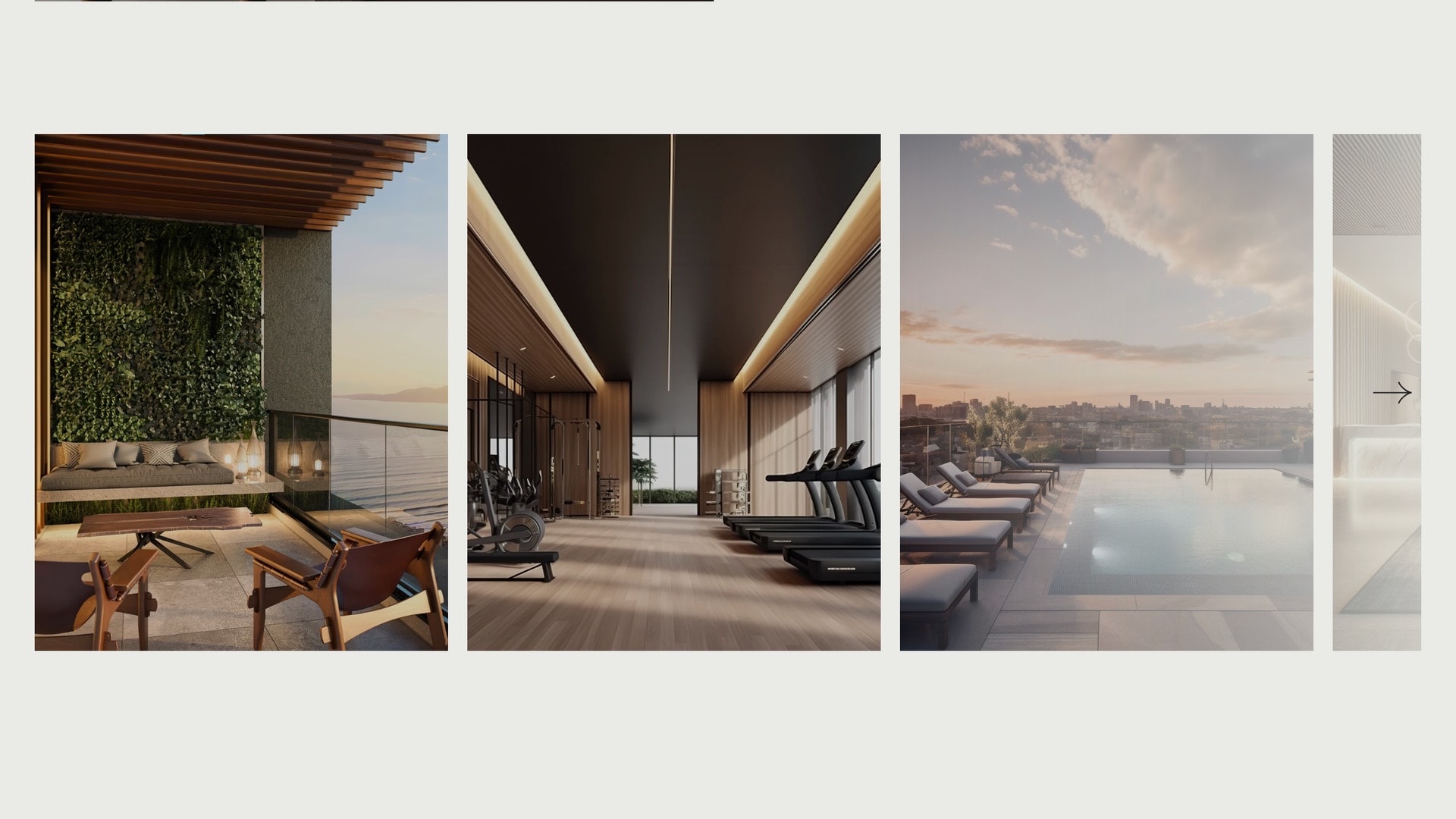 A horizontal gallery of amenity images, a planted terrace, a gym, a rooftop pool, with a fourth frame cut off at the right edge and an arrow control