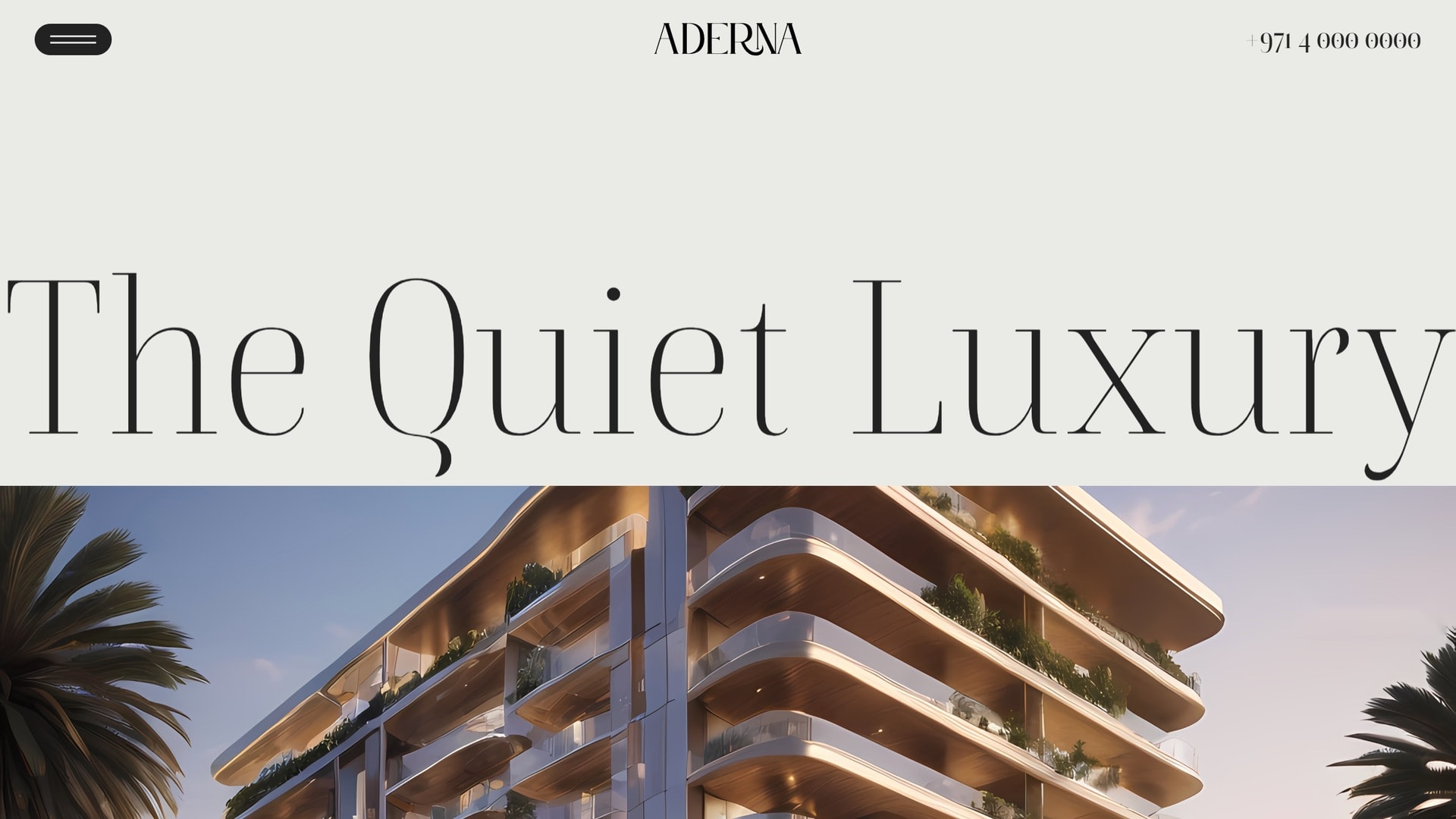 The Aderna Heights homepage hero: a centred wordmark, the words 'The Quiet Luxury' set very large in a high-contrast serif, and the top of a curved residential tower at dusk