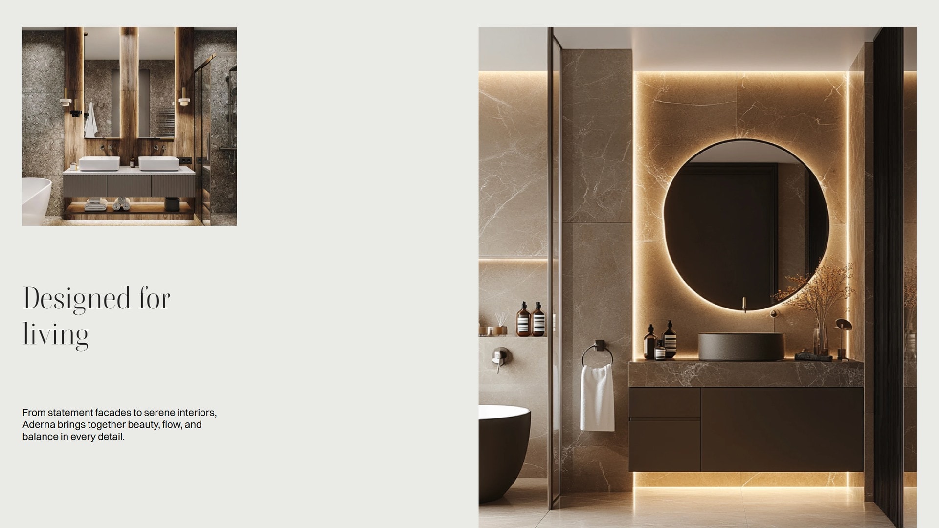 The heading 'Designed for living' beneath a small bathroom thumbnail at the left, set against a large stone bathroom photograph at the right