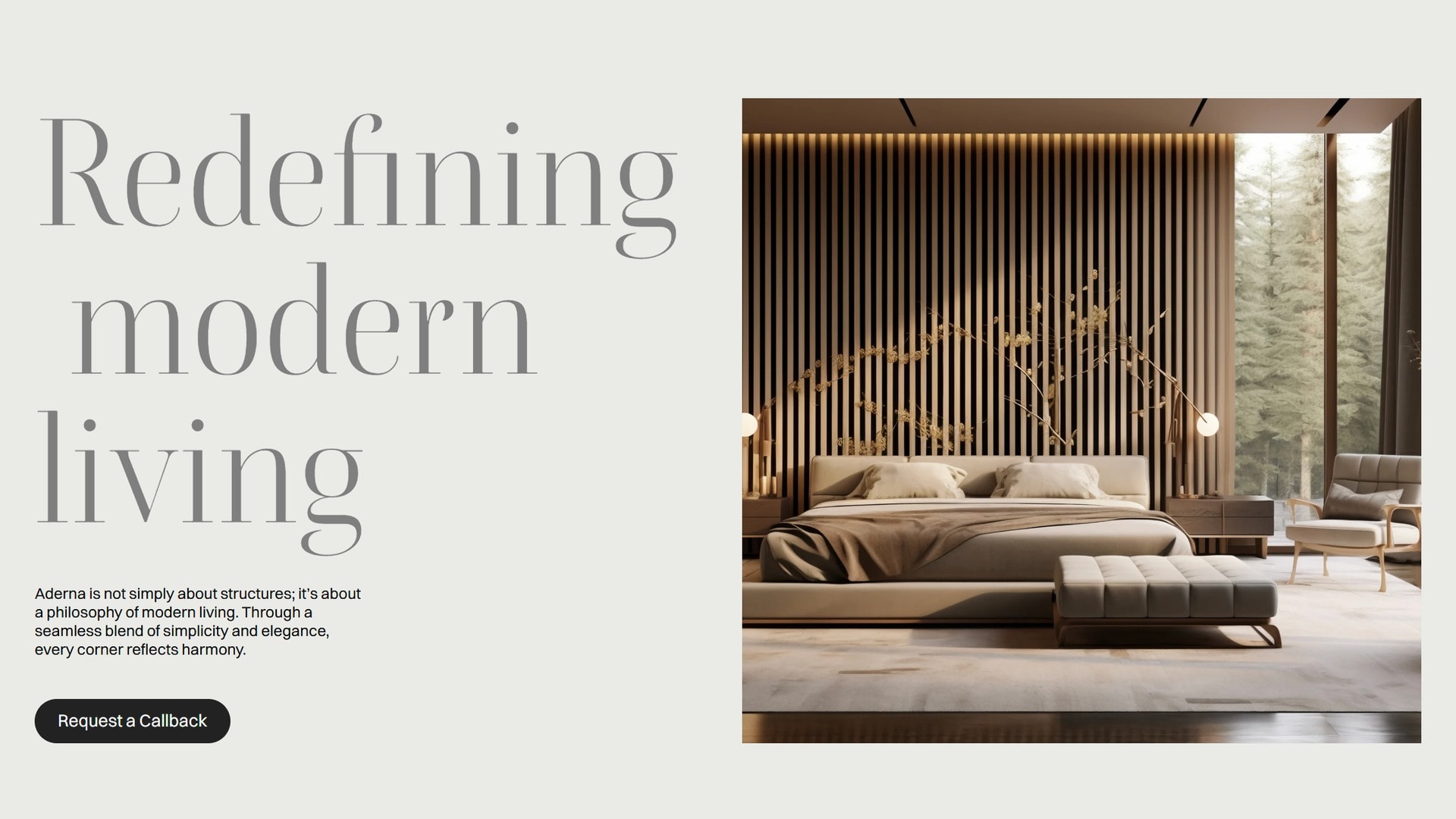 The heading 'Redefining modern living' set large at the left of an off-white page beside a photograph of a slatted timber bedroom