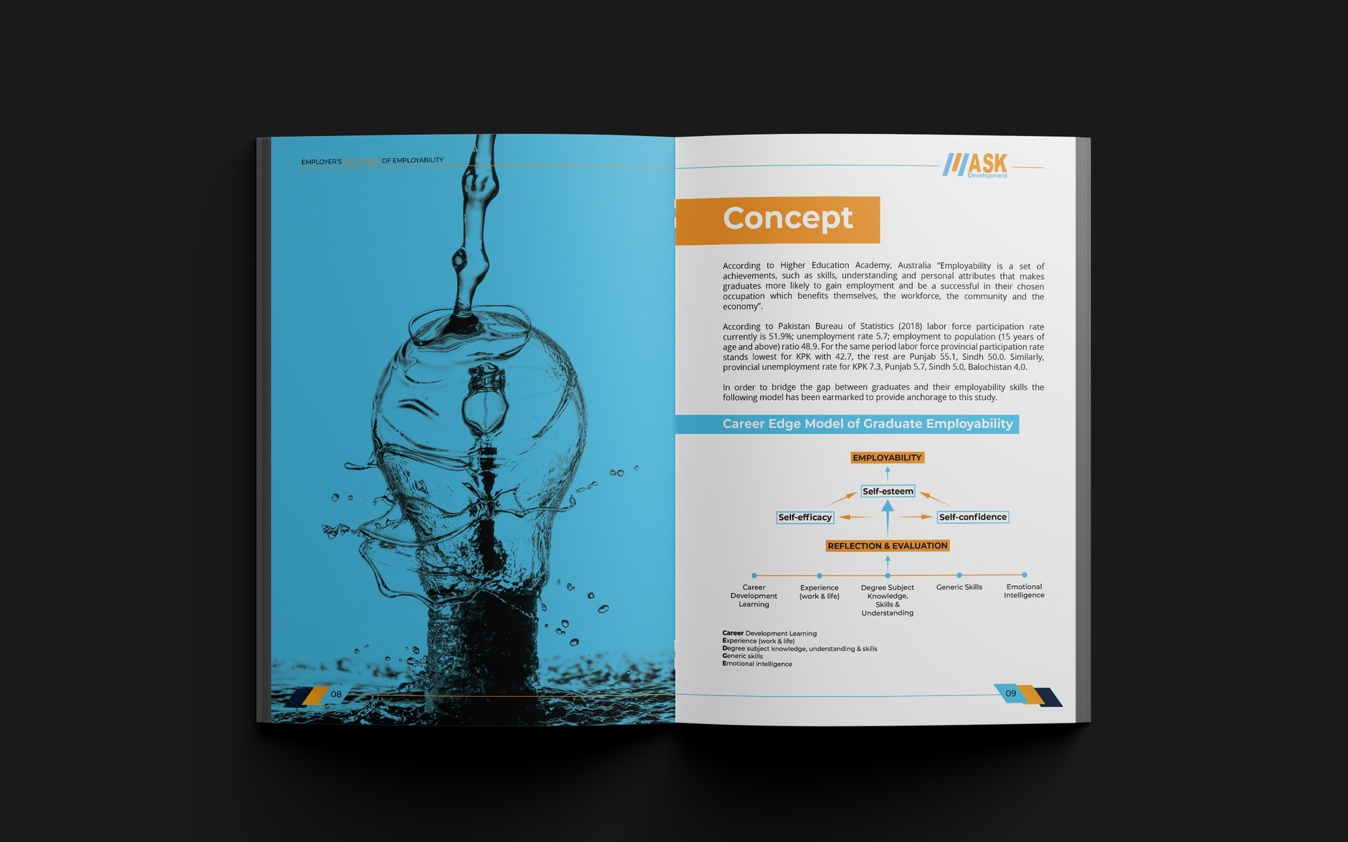 The Concept spread photographed open and flat, a cyan lightbulb image at the left and the Career Edge Model at the right