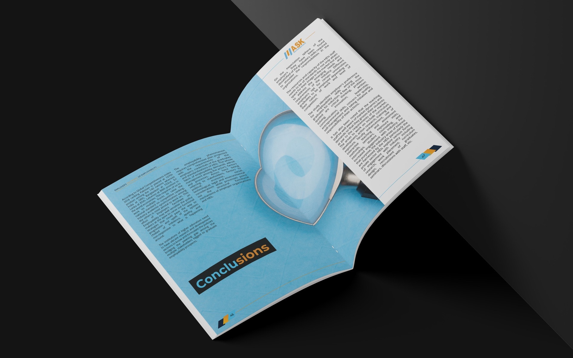 The report open at the Conclusions spread, its pages curved, a magnifying glass on a cyan field