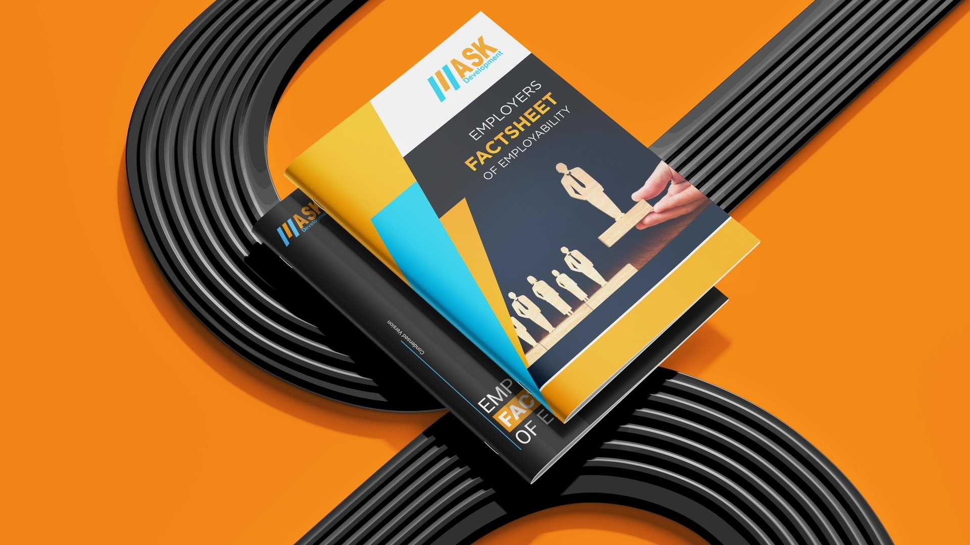 Two editions of the Employer's Factsheet of Employability lying on a black curved track against an orange ground