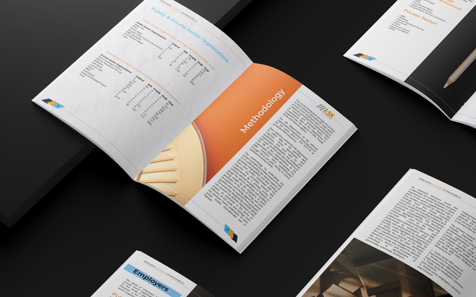 The report open at the Methodology spread with loose pages of sector tables scattered around it on a dark ground