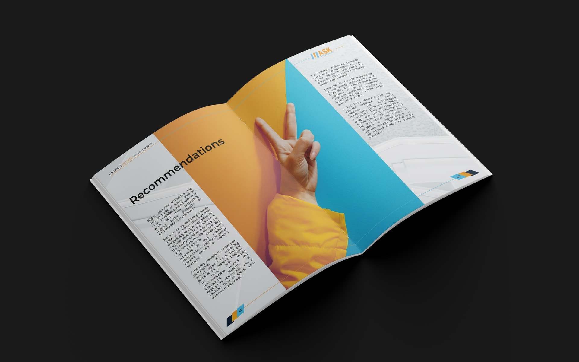 The report open at the Recommendations spread, a raised hand photographed against orange and cyan blocks