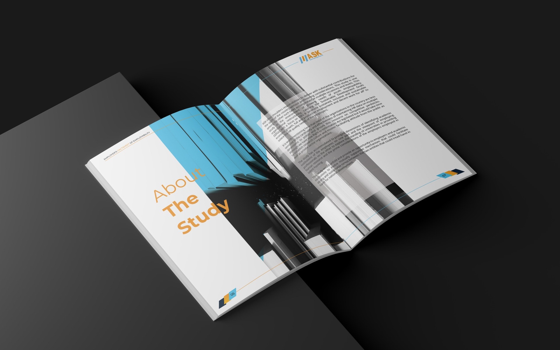 The About The Study opener photographed open at an angle, its cyan and monochrome imagery running across the gutter