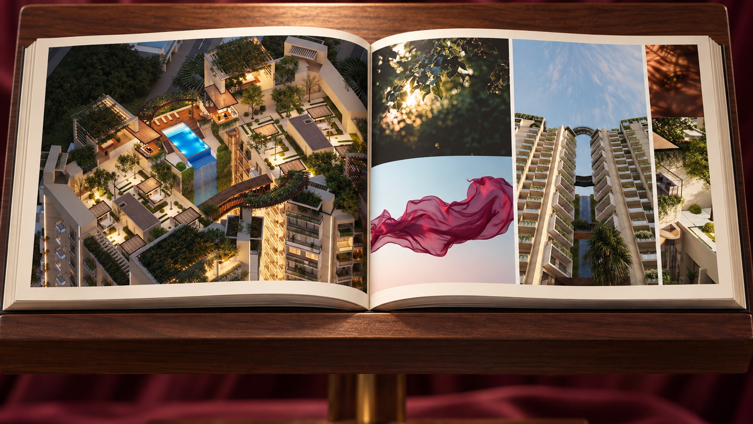 The book open on a walnut lectern: the Sky Garden spread on the left page, the tower with wine silk across it on the right