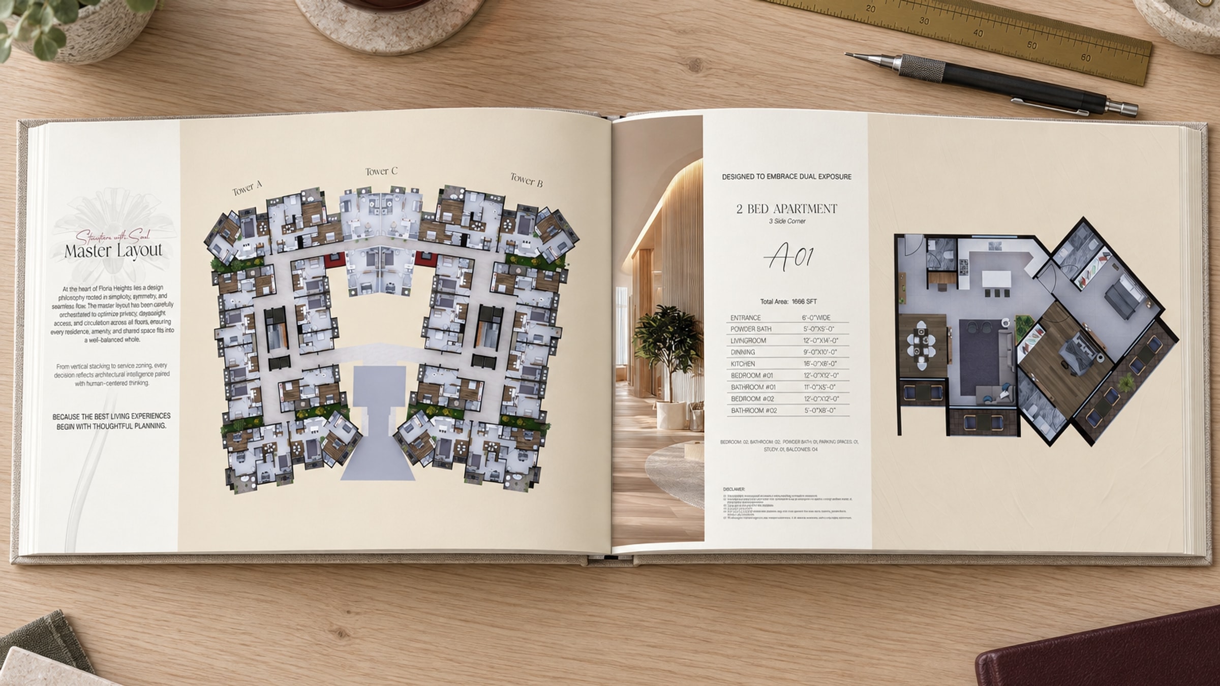 The book open on an oak desk, shot from above: the master layout of the three towers on the left page, the A-01 floor plan on the right, a scale rule beside it