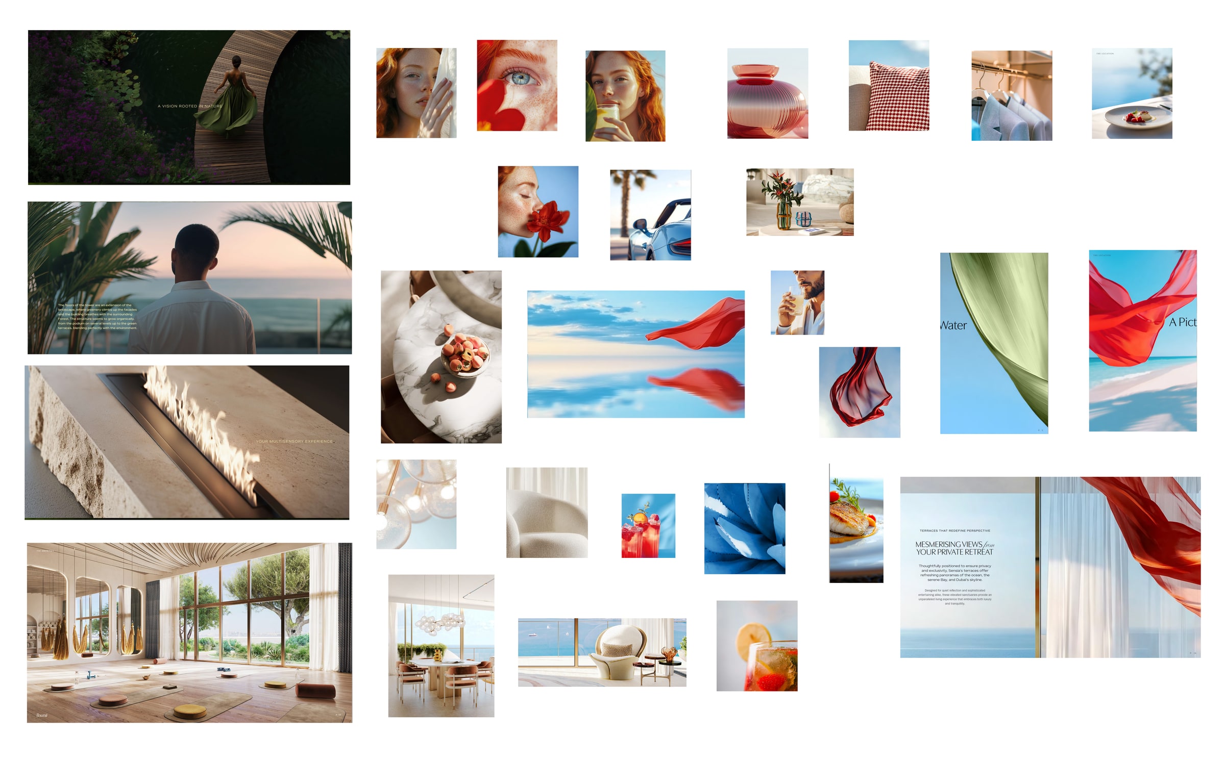 A white mood board of small images: wine silk in flight, red petals on ivory, glass vases, water, a lounge with a fireplace and a woman in a wine dress