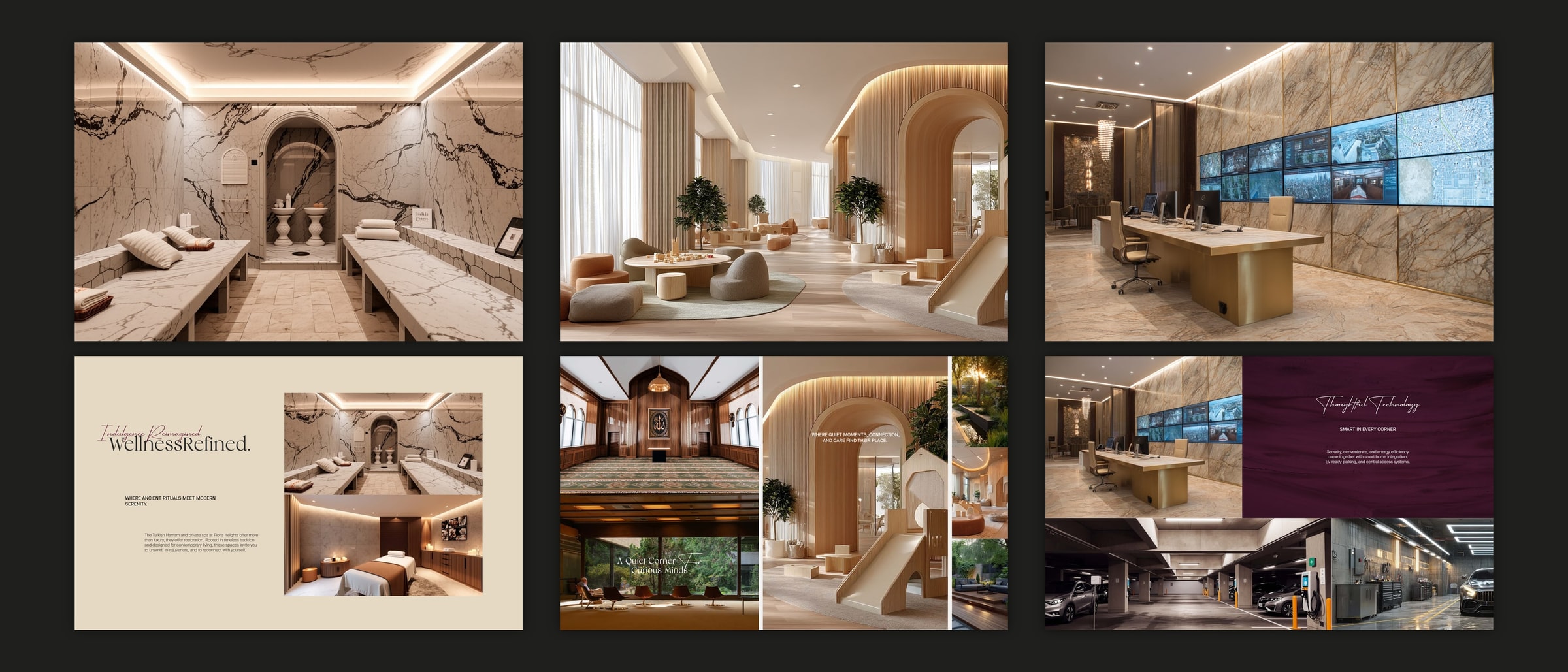 Three columns on a dark plate, each a generated interior above the book page it was placed on: a marble hammam, a daycare with arches, a security room with a wall of screens