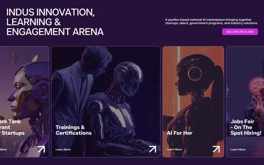 The pavilion rail travelling sideways as the page scrolls down, from Shark Tank through Trainings, AI For Her, Jobs Fair, Man vs Machine, Govt Tech Showcase, Sectoral AI and Hackathons