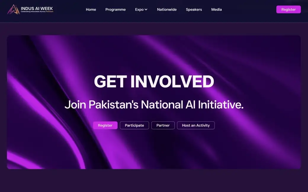The closing section: Get Involved and Join Pakistan's National AI Initiative over a full width video band whose light sweeps across it