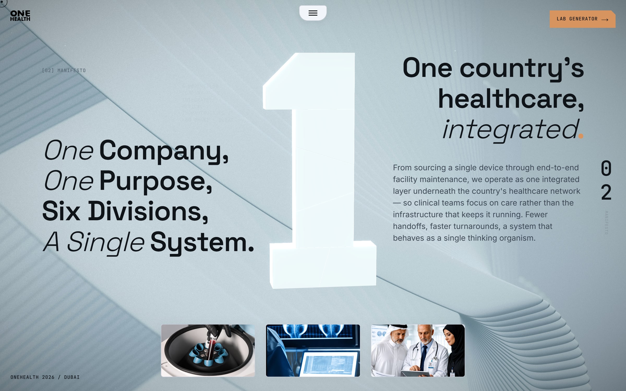 The manifesto section: the numeral beside four lines reading One Company, One Purpose, Six Divisions, A Single System, with three small photographs below