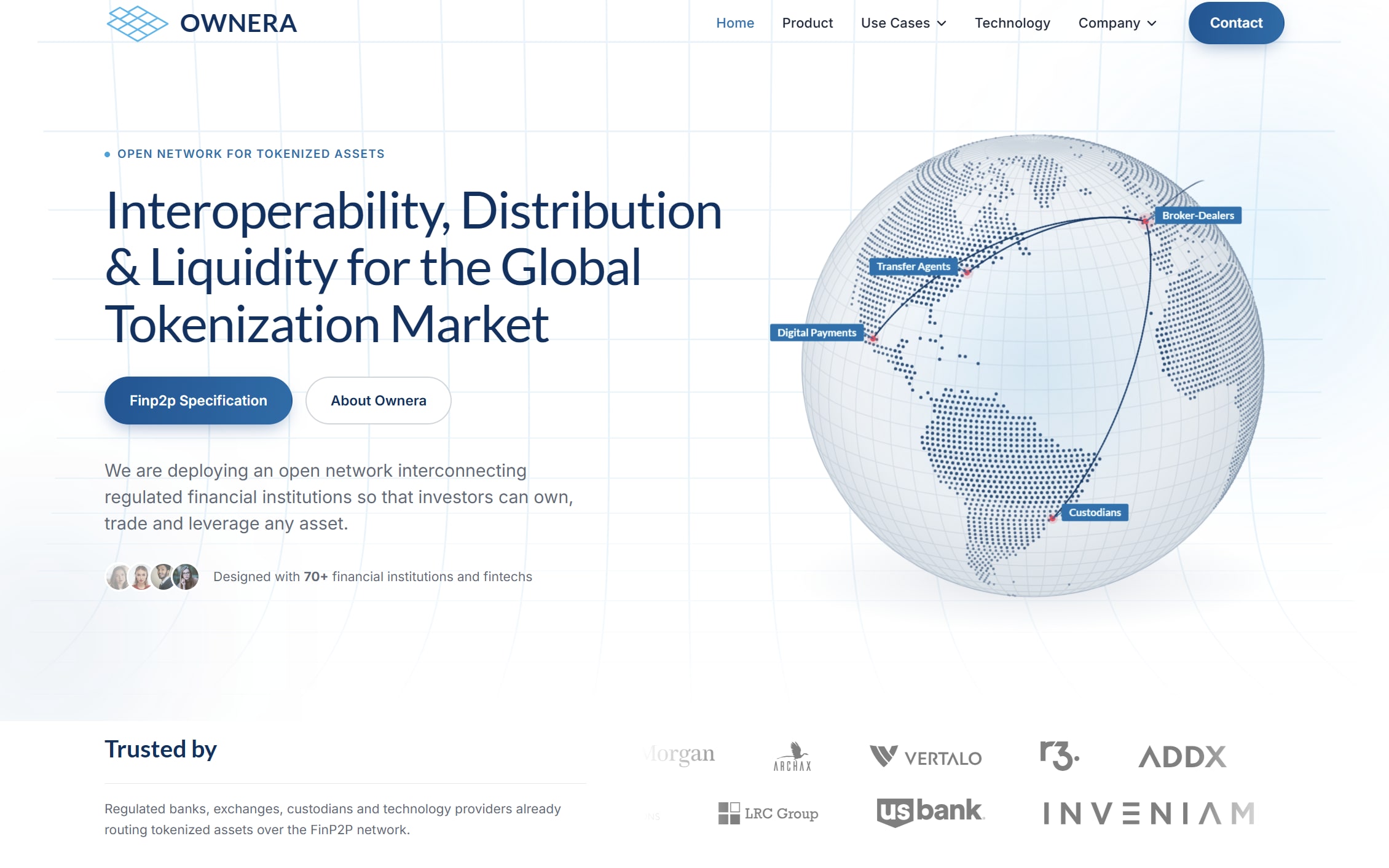 The first screen: the headline Interoperability, Distribution and Liquidity for the Global Tokenization Market on the left, a dotted globe with labelled arcs on the right, a row of partner marks below