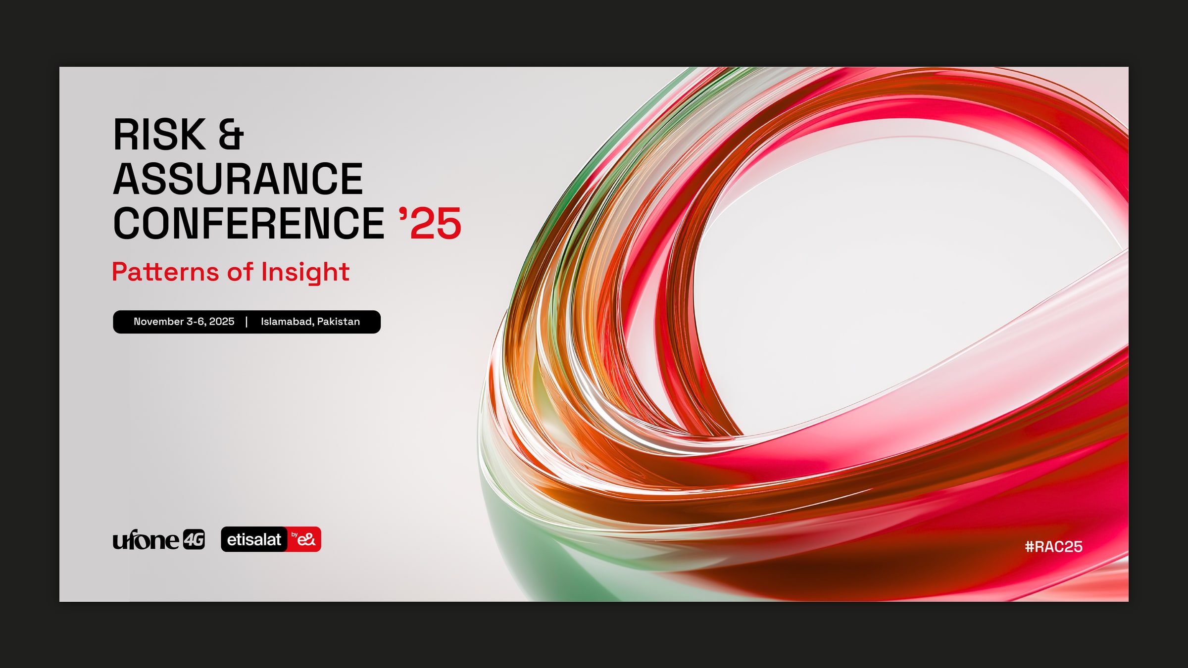 The key visual on a dark plate: the title Risk & Assurance Conference '25, Patterns of Insight, beside a looping ribbon of red, green and clear glass on pale grey