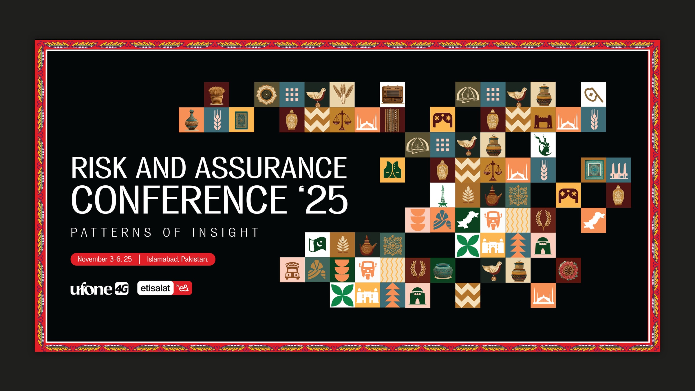 The cultural night key visual on a dark plate: the conference title in white on black beside a scatter of small square tiles of Pakistani motifs, inside a red truck-art border