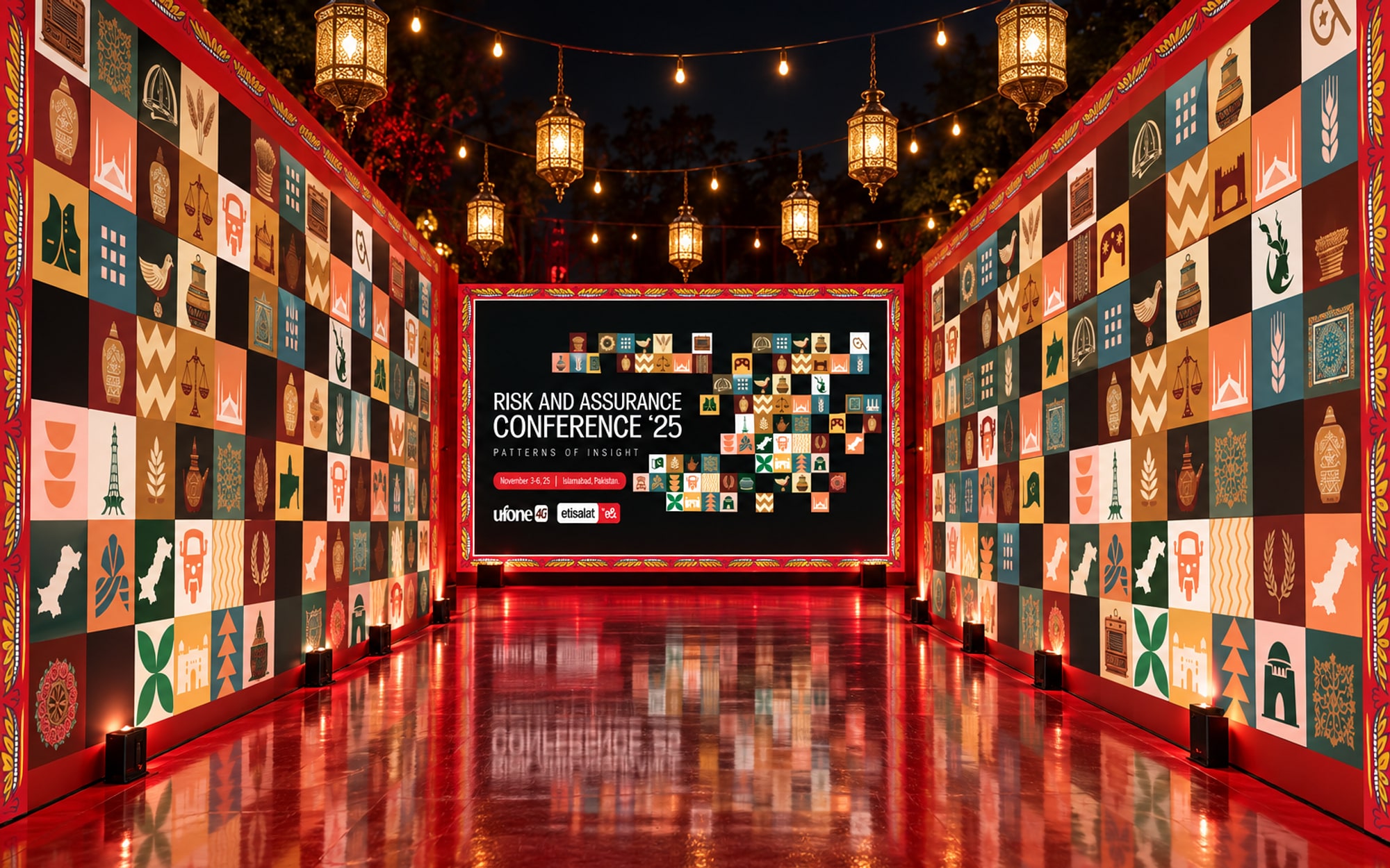 A walk-through of two tall red walls covered in motif tiles over a glossy red floor, brass lanterns overhead, the key visual glowing at the far end