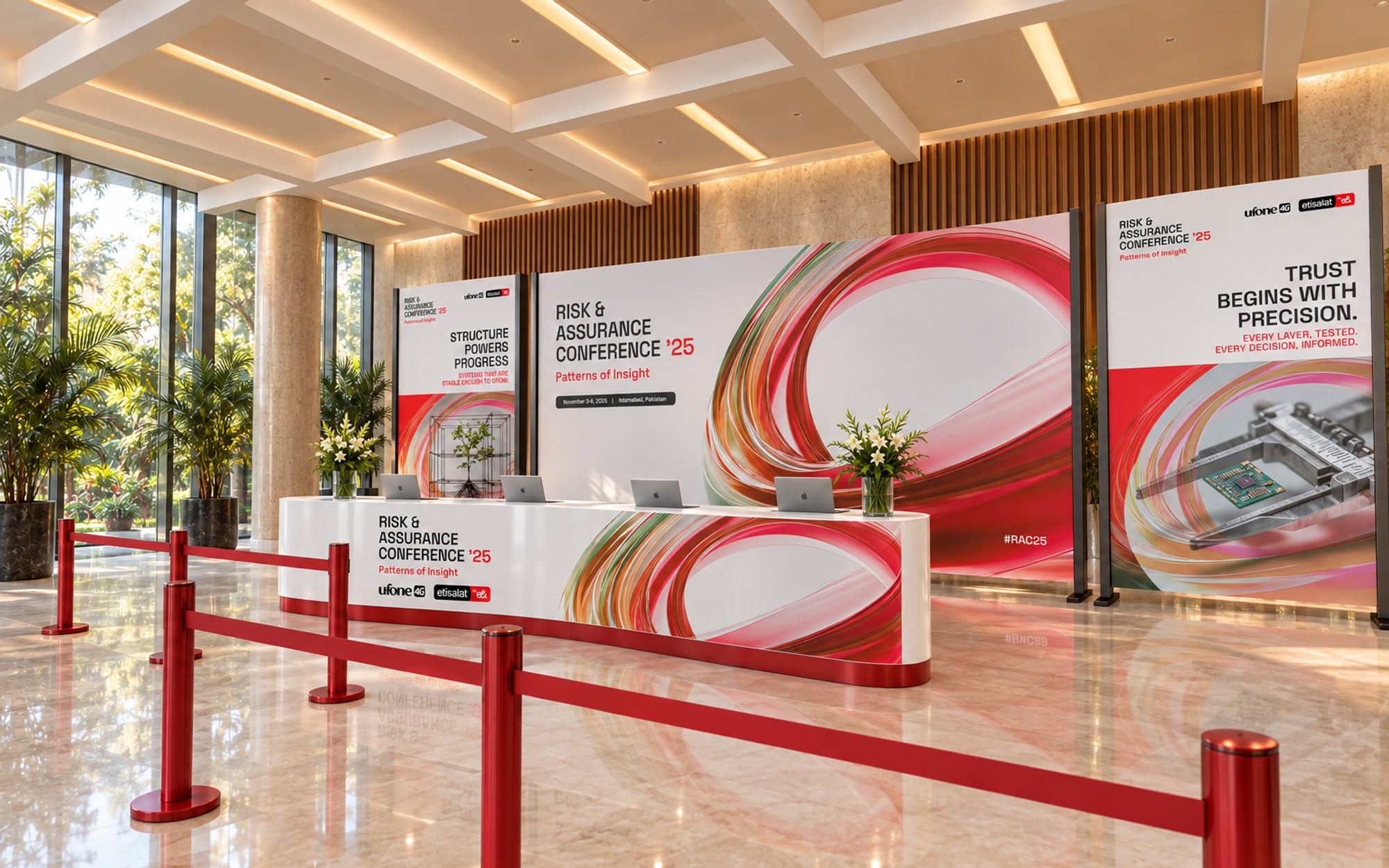 A curved white registration desk with a red base in a bright lobby, the key visual on its front and on the backdrop behind it, two portrait panels at the sides, red rope posts in front