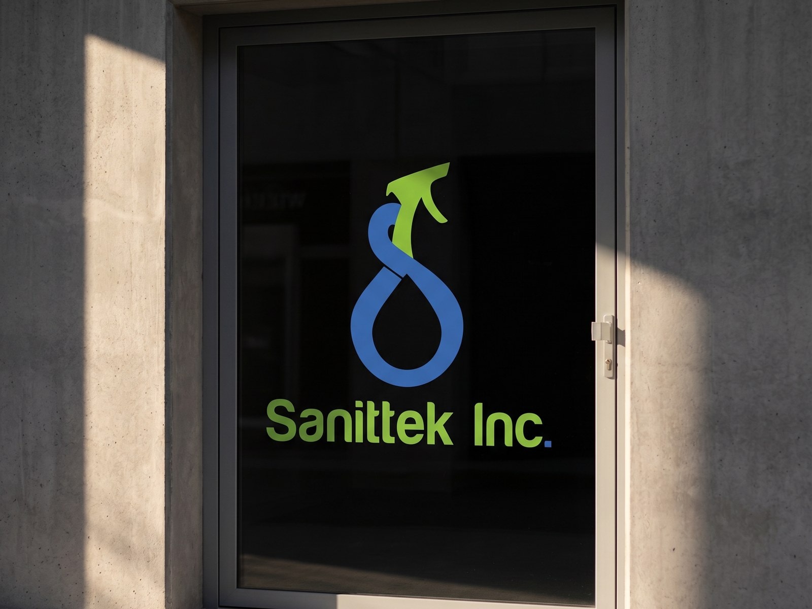 The Sanittek logo applied as vinyl on the glass door of a commercial unit, raking sunlight across it.