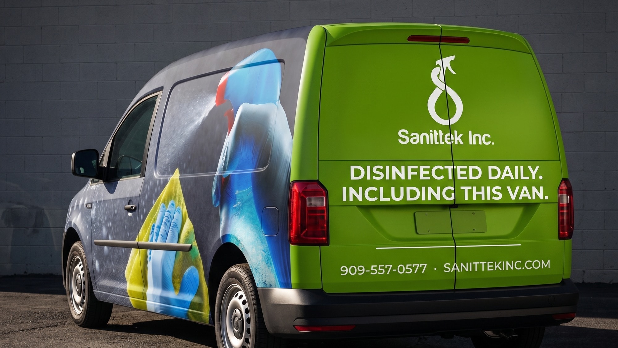 The rear of the Sanittek van: green doors carrying the logo, the line DISINFECTED DAILY INCLUDING THIS VAN, and contact details.