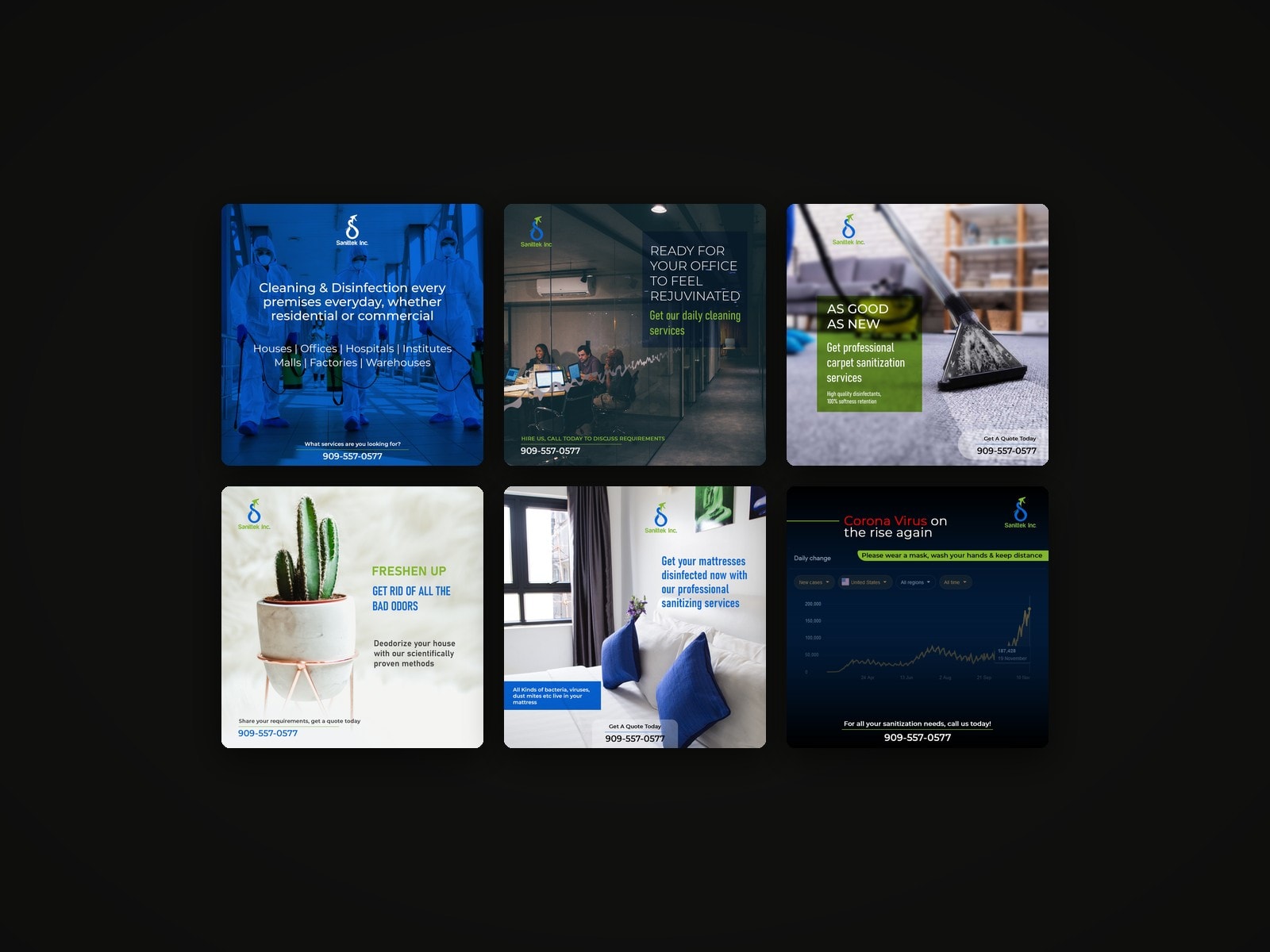 Six Sanittek launch posts from winter 2020 covering premises, mattresses, carpets, offices and a case-rate chart.