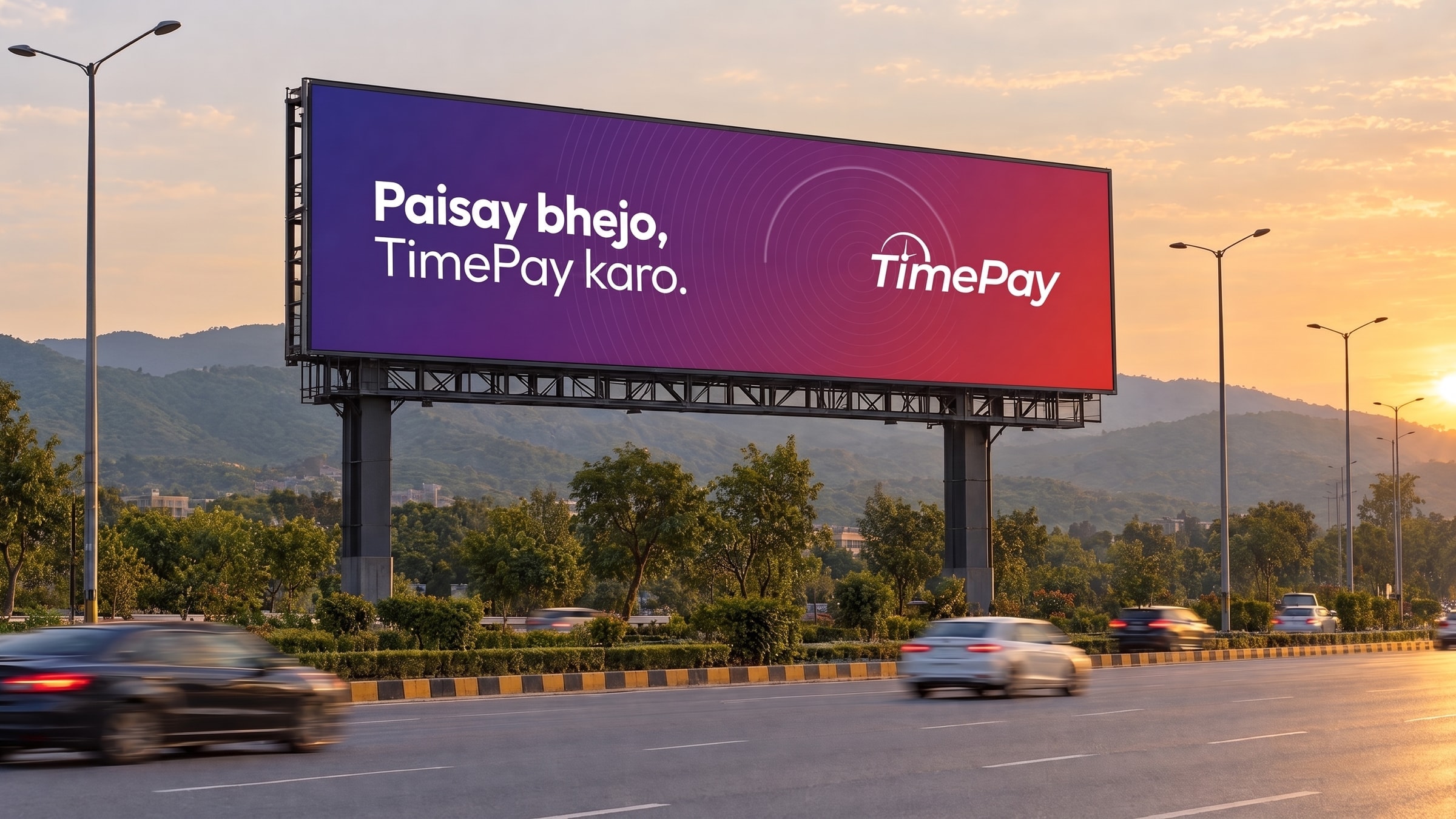 A roadside billboard at golden hour reading Paisay bhejo, TimePay karo beside the white logotype on the gradient, green hills behind