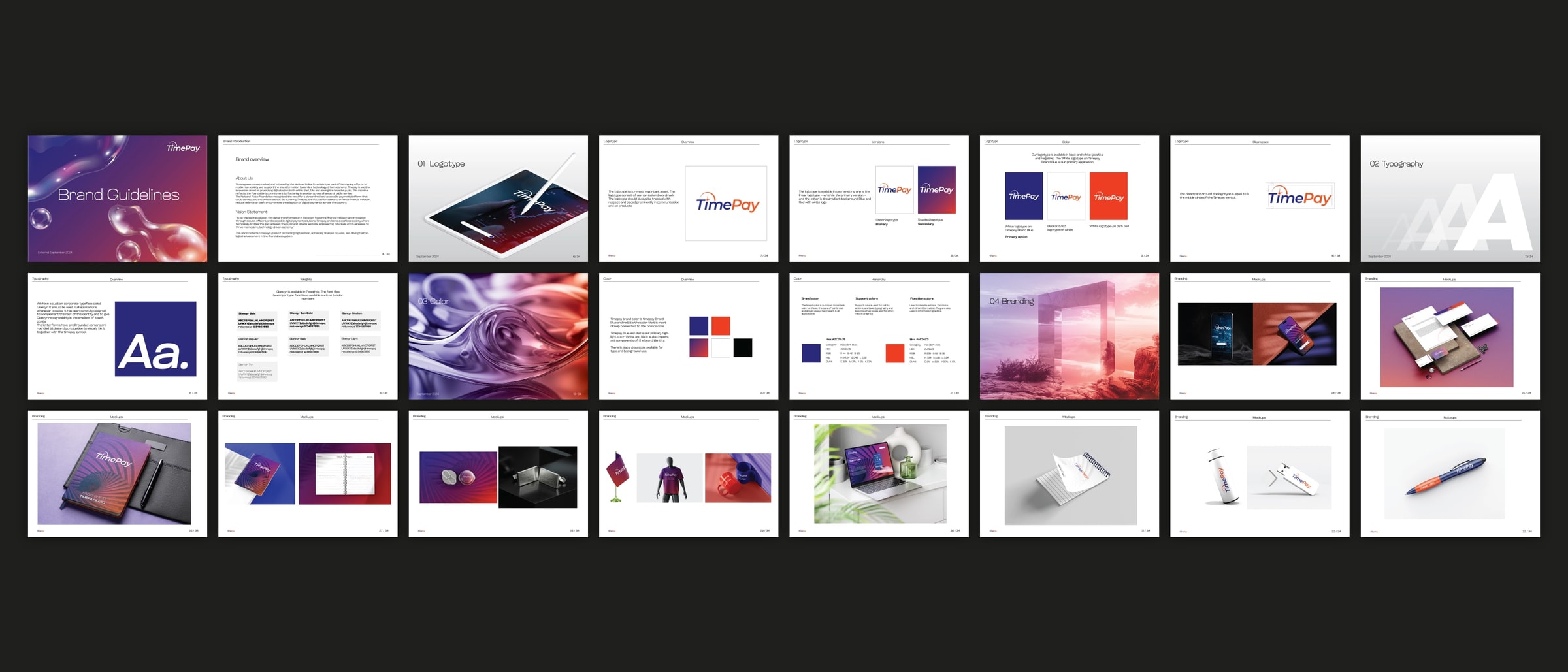 Twenty-four pages of the brand guidelines book laid out eight by three on a dark plate