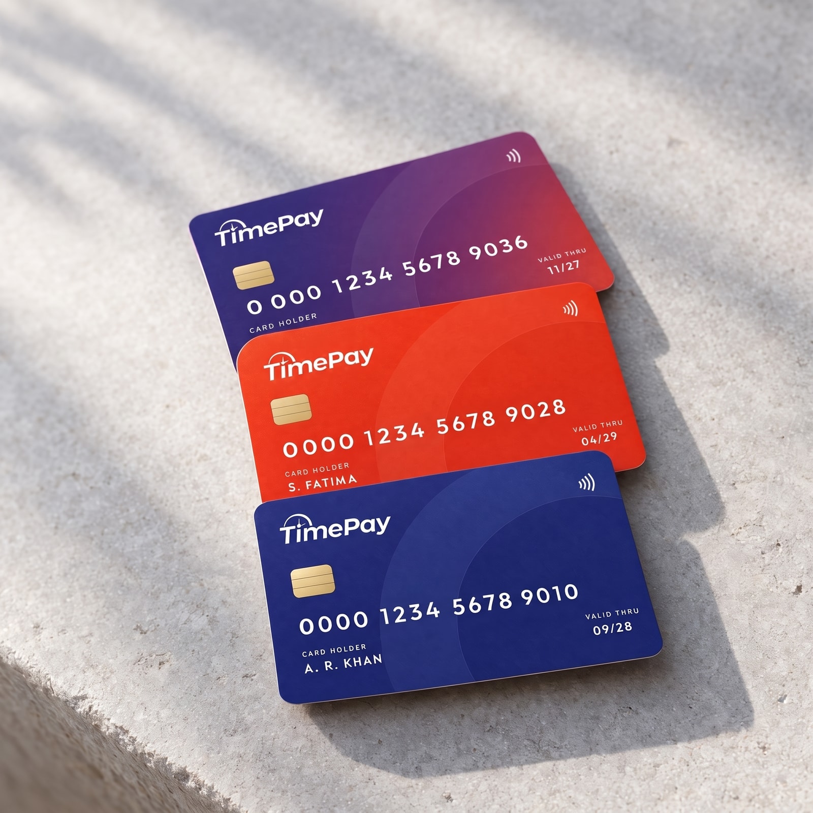 Three payment cards fanned on pale stone, navy, red-orange and gradient, each with the white logotype, a chip, a contactless symbol, a card number, a holder name and an expiry