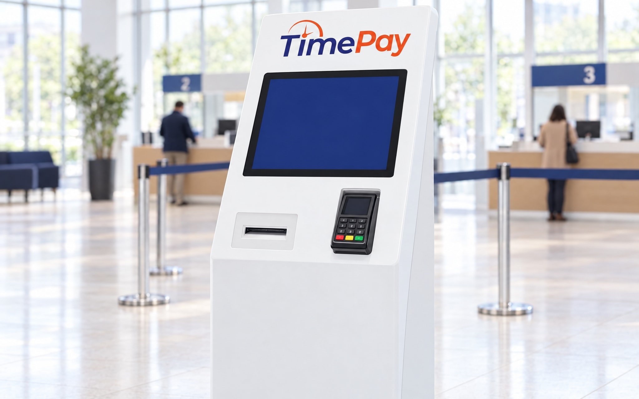 A white self-service payment kiosk with the logotype above its screen, in a bright service hall with numbered counters behind