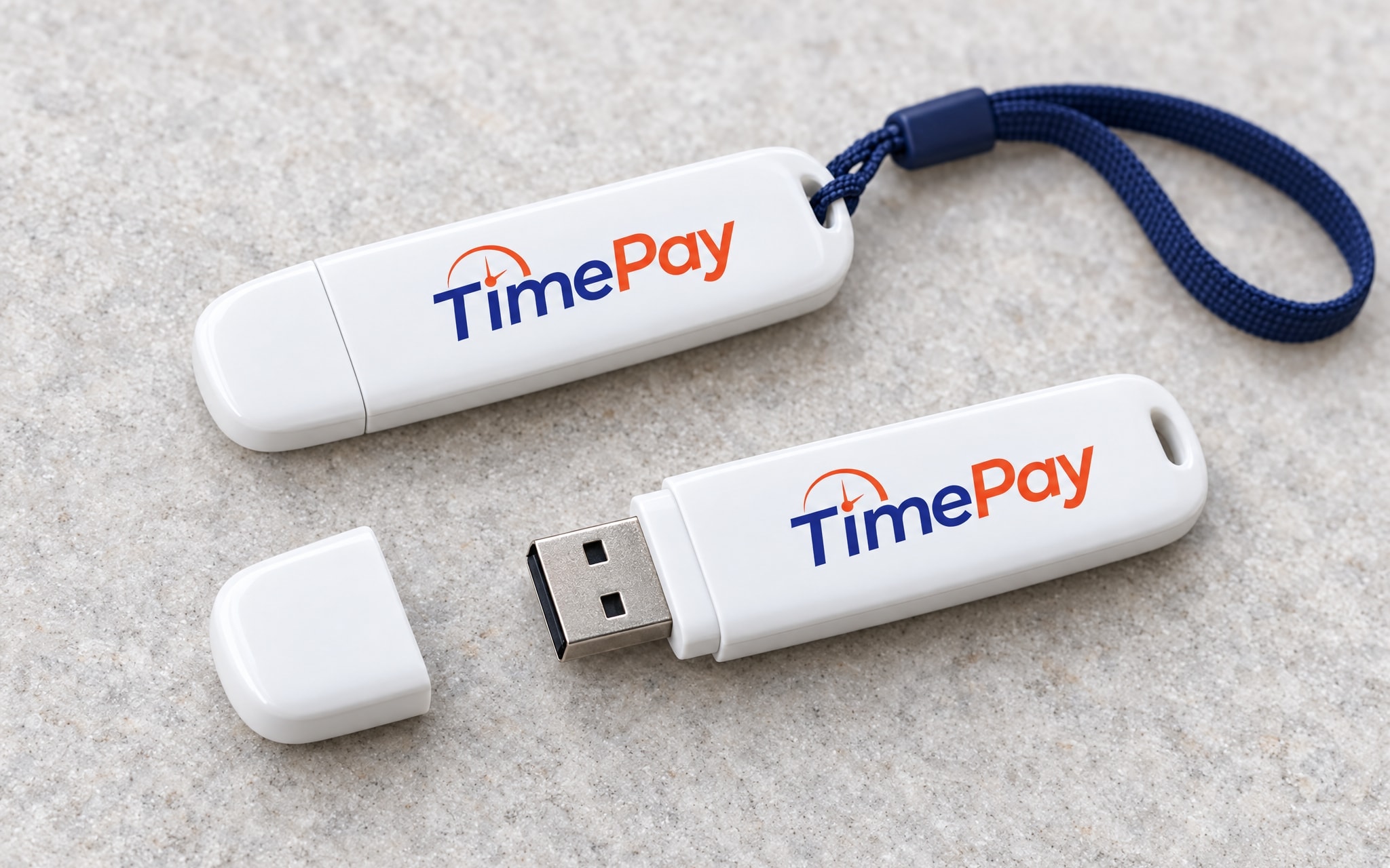 Two white USB drives with the logotype, one capped, one open, on pale stone