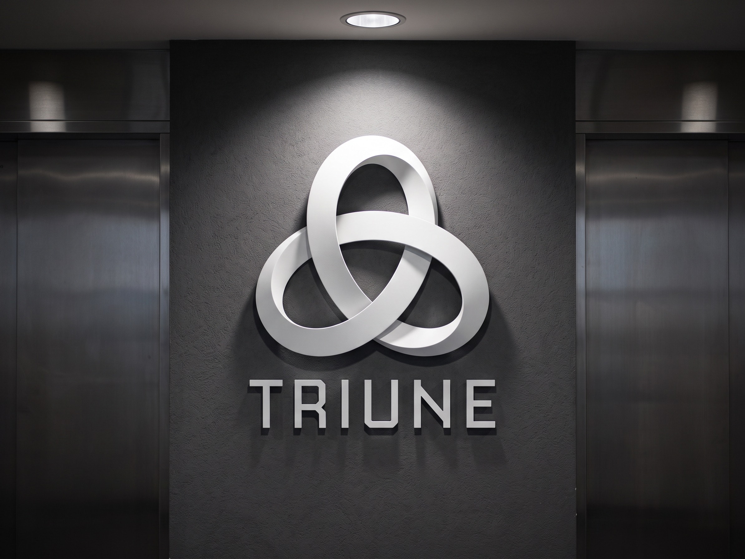 The stacked Triune lockup lit by a single downlight on a dark plaster pier between two lift doors, the symbol machined in white and the wordmark cut flat below it