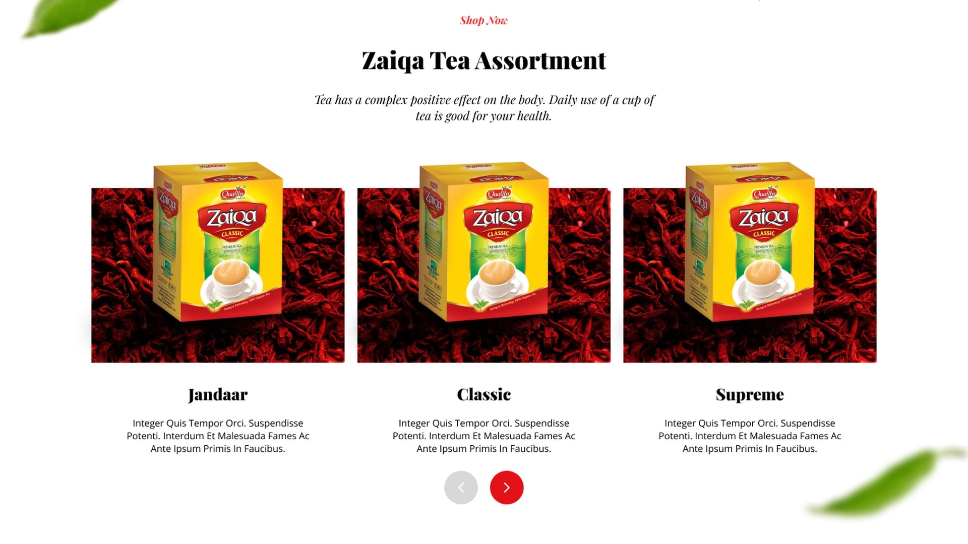 Product range section showing three Zaiqa cartons, Jandaar, Classic and Supreme, on beds of loose black tea