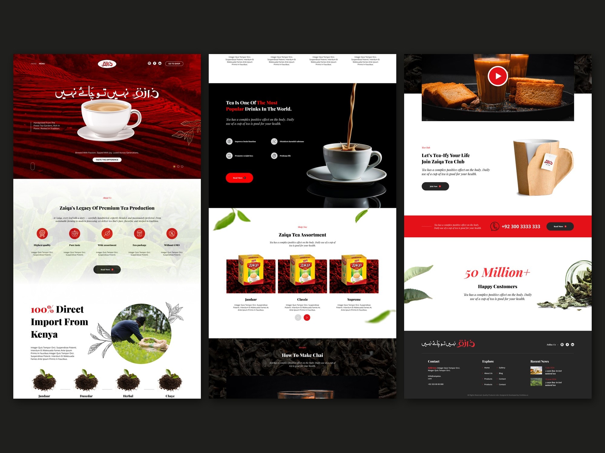 The complete Zaiqa Tea homepage laid out as three tall columns on a dark background