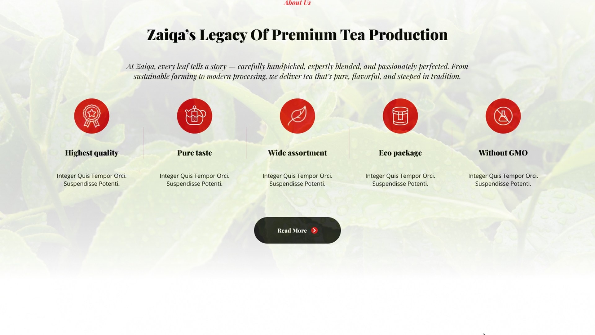 About section headed 'Zaiqa's Legacy Of Premium Tea Production', with five red icon badges beneath it