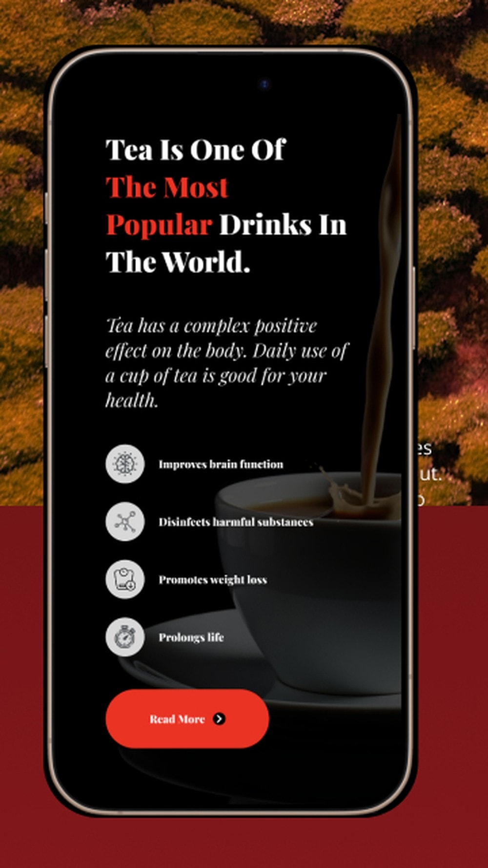 The dark benefits section on a phone, with a stacked headline and four icon rows above a red button