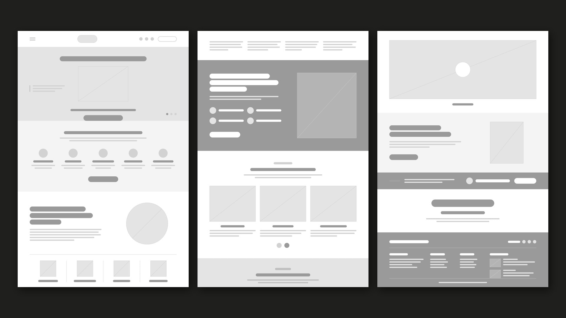 Three greyscale structure frames of the homepage, arrival to footer, laid out side by side on a dark background
