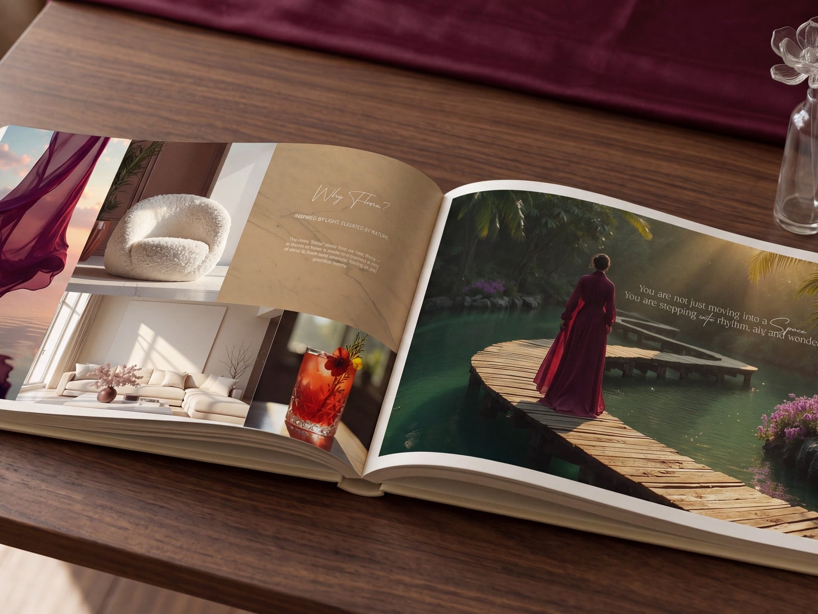 The book open on a walnut table at the Why Floria spread, wine silk and an ivory chair on its pages