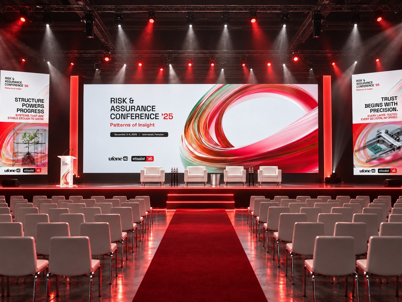 The plenary stage with the Risk & Assurance Conference '25 key visual on its main screen