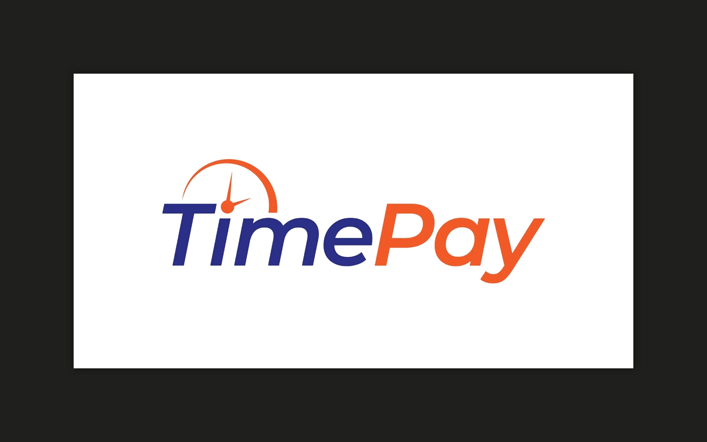 The TimePay logotype on a white card: Time in navy, Pay in red-orange, a red-orange dial with its hand over the i